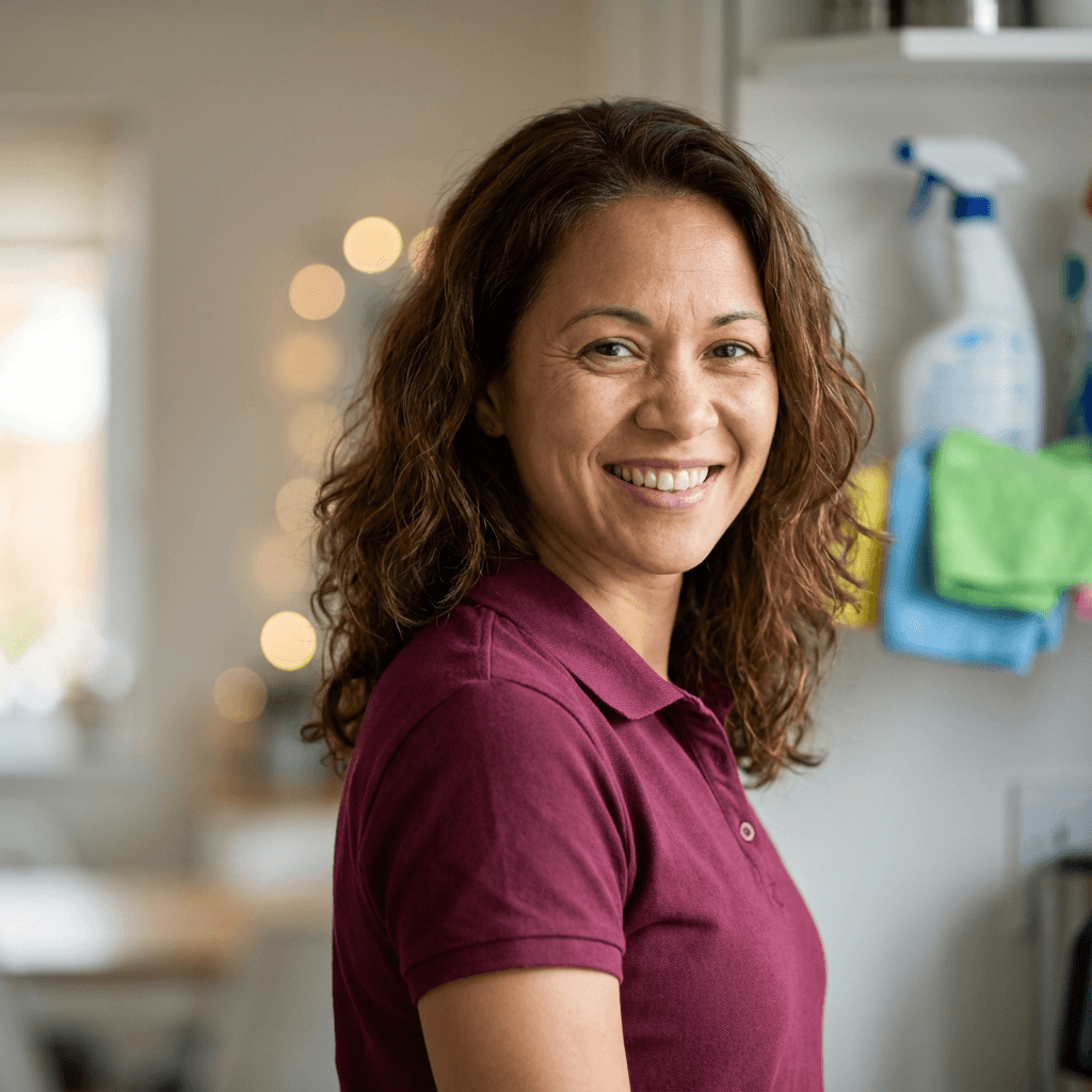 Eidy Sanchez, owner of Eidy Cleaning Service, standing in a bright kitchen with cleaning supplies