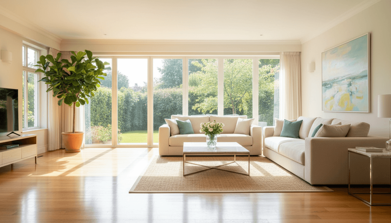 Bright, freshly cleaned living room with sunlight through windows