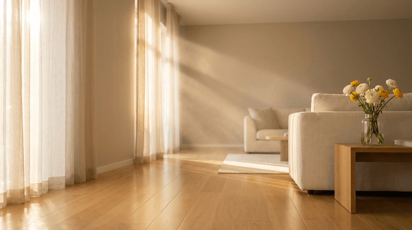 Spotless modern living room with gleaming floors and natural light