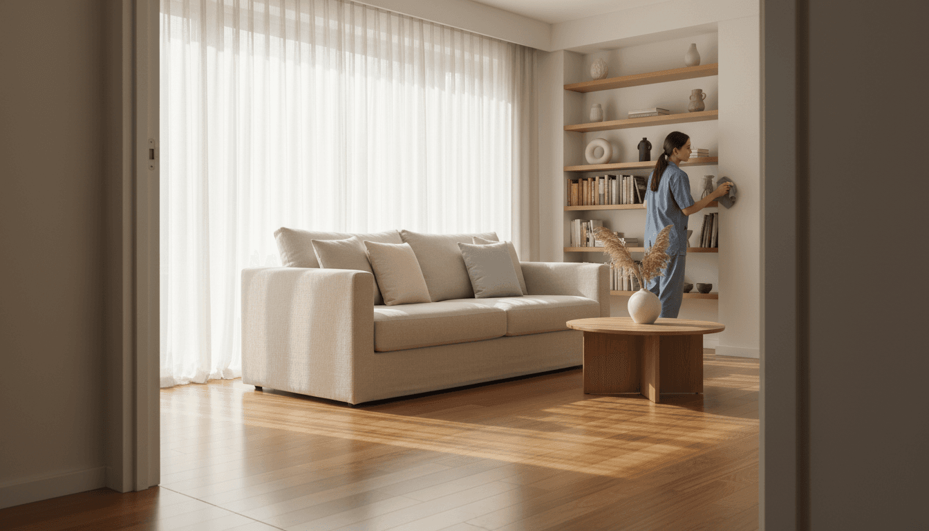 Bright spotless living room with natural light and clean surfaces