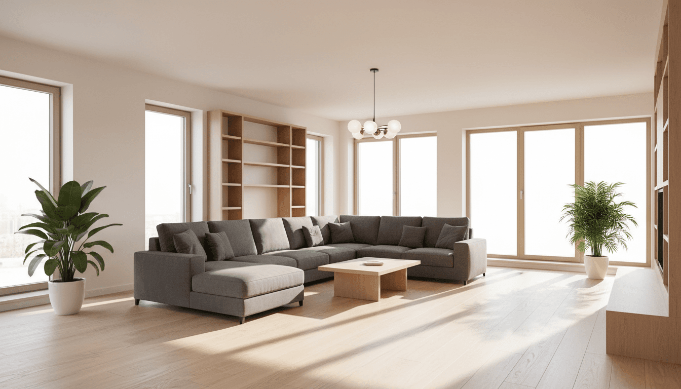 Bright spotless living room with sunlight and clean surfaces